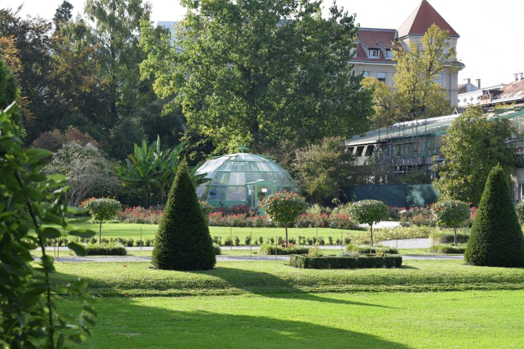 A view of a garden with a building in the background